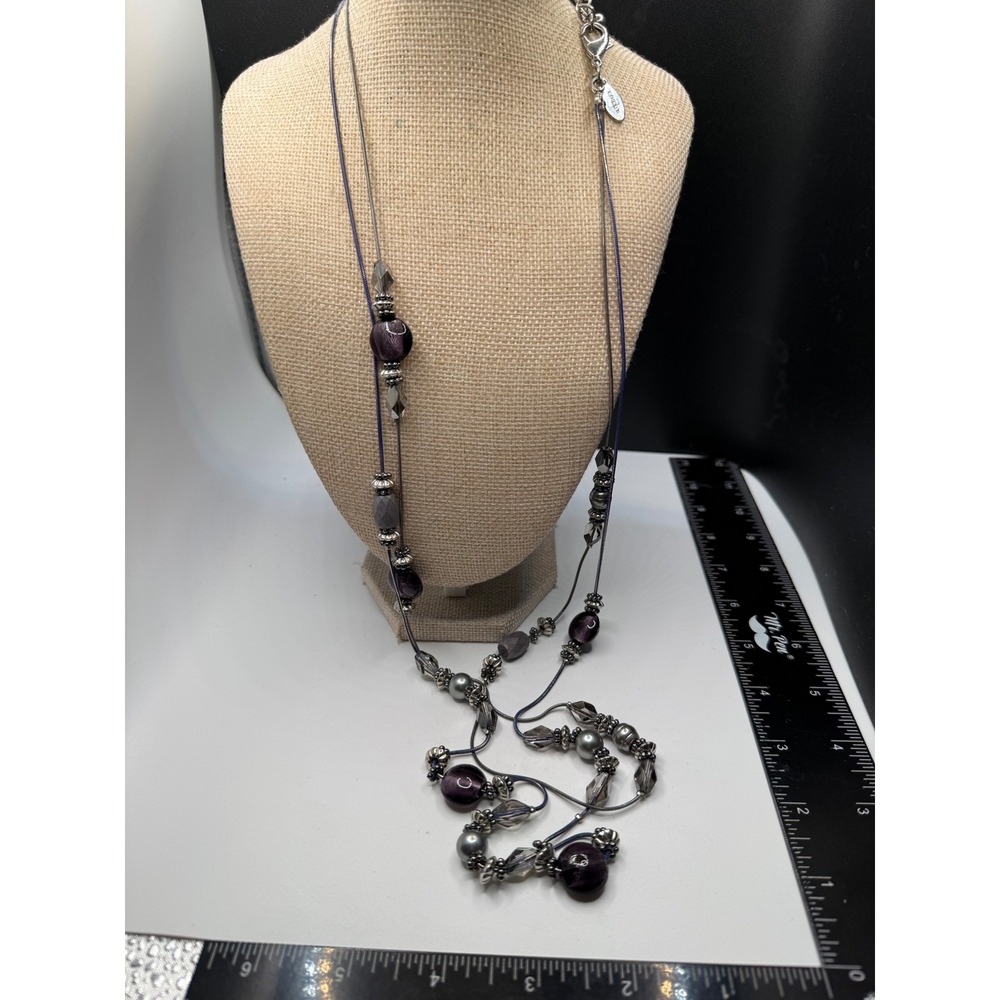 Chico's Multi-Strand Beaded Necklace Purple Grey Glass Faux Pearl Long Layered